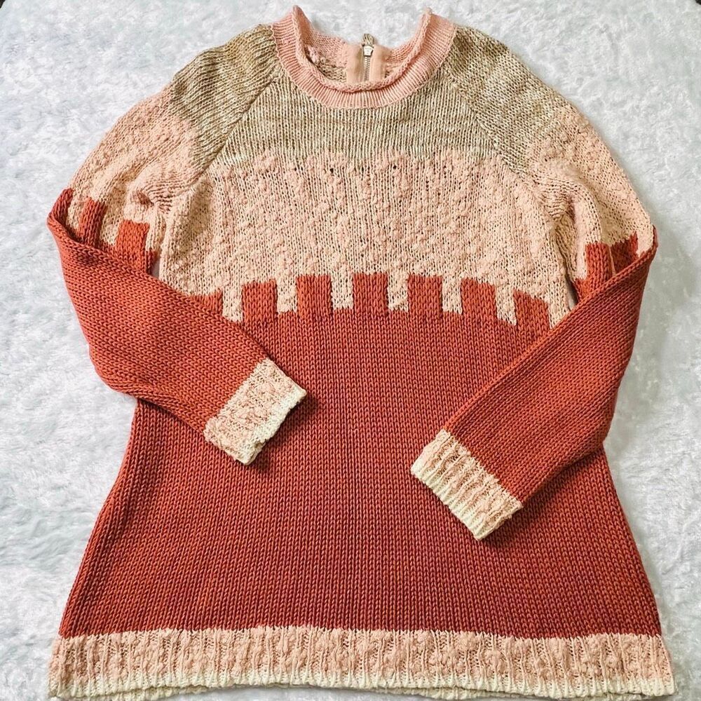 Anthropologie Moth Womens Pink Rust Zip Back Knit Colorblock Sweater Size MP